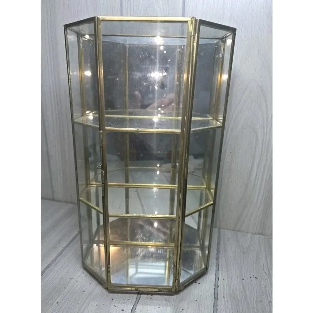 Vtg Glass Mirror Brass Curio Trinket Display Cabinet 3 Shelves Miniatures FLAW